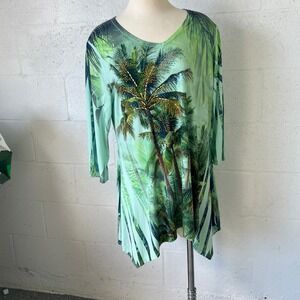 Pretty Woman Tropical Palm Tree Print Tunic Top Womens XL Green Long Sleeve